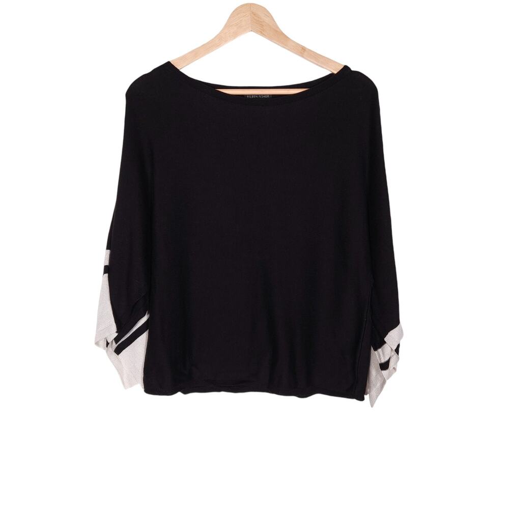 Eileen Fisher Womens Blouse XS Black Cream Silk Blend Bateau Neck Dolman Sleeve